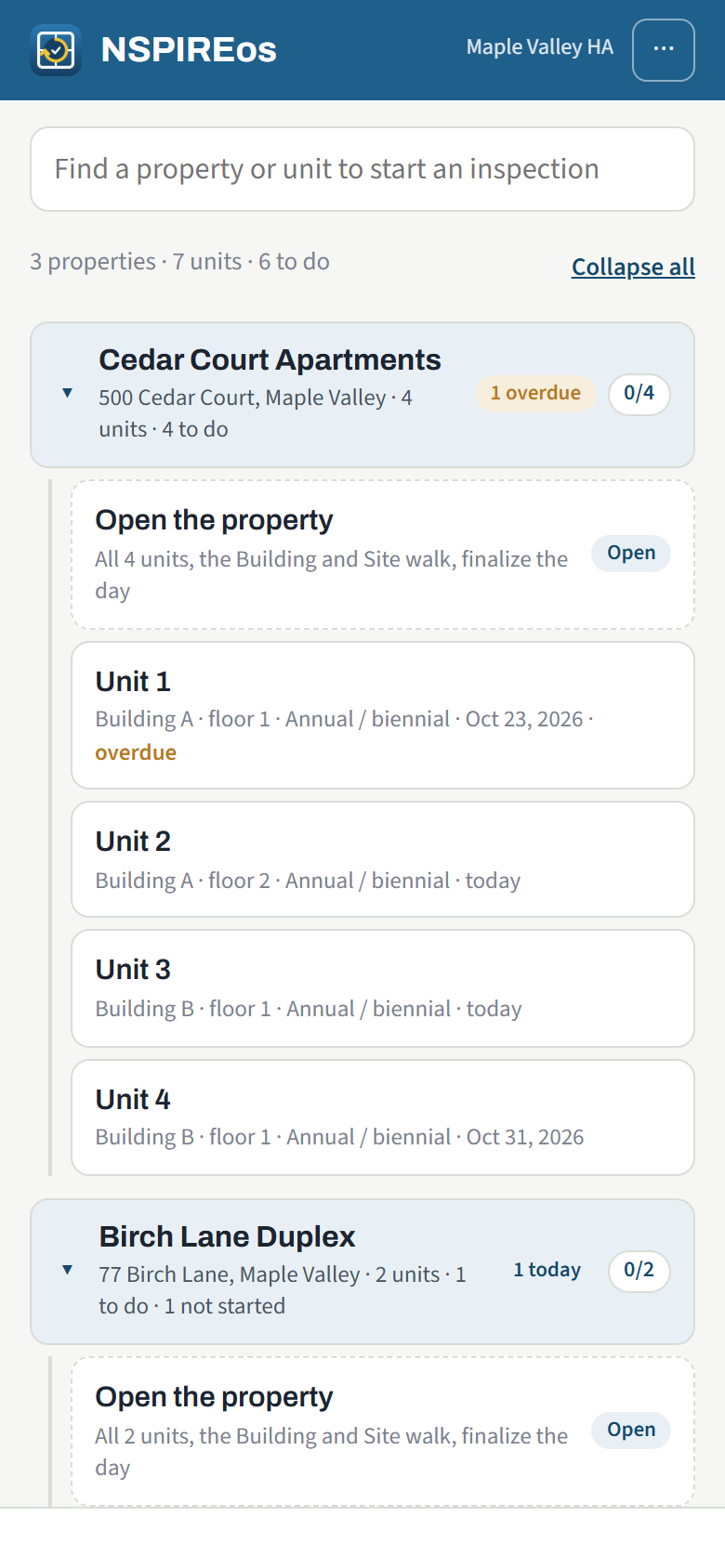 The home screen, grouped by property